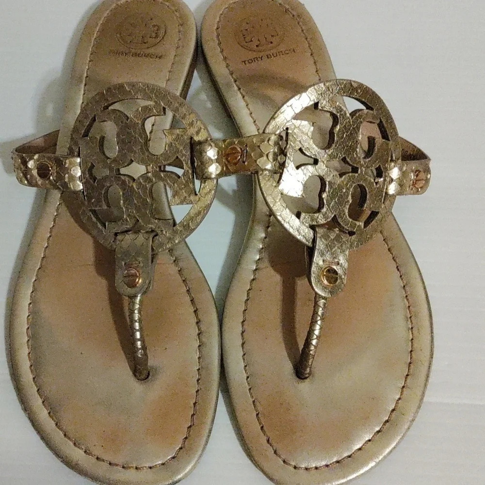 Tory Burch Metallic Gold Tumbled Miller Sandals Size 10